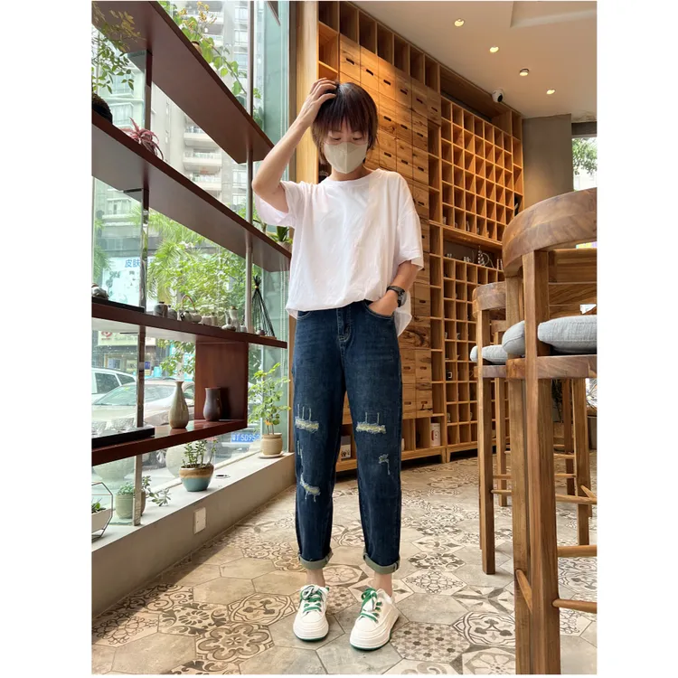 新款蓝色怀旧牛仔裤假破洞老爹裤小跨裤微胖001