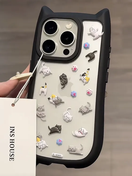 猫耳朵猫咪贴纸适用iPhone14/15ProMax手机壳苹果13/12透明11软