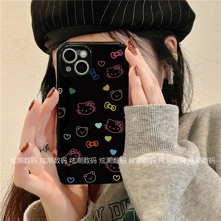 卡通爱心kt猫适用于苹果/华为/OPPO/VIVO/小米荣耀全包亮黑手机壳