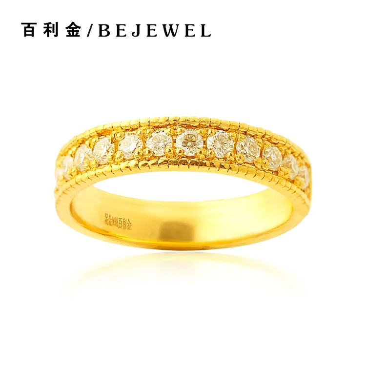黄金戒指足金点钻莫桑石排钻新款求婚定制刻字实心按克纯金女