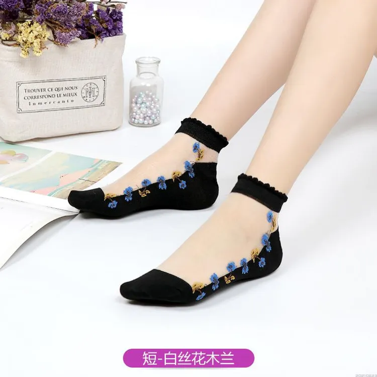 袜子女玻璃丝短筒袜春夏秋薄款水晶提花耐磨防勾丝四季棉底丝袜