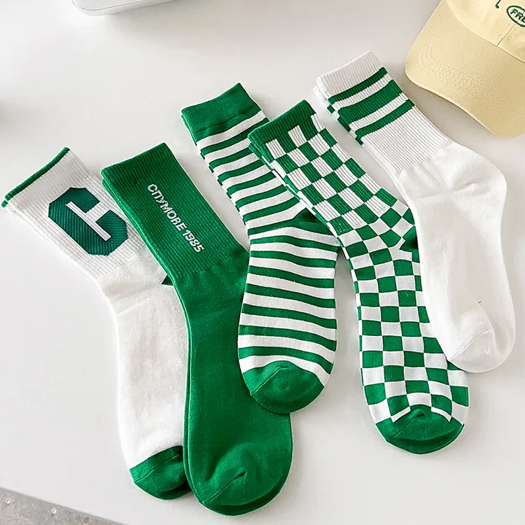 绿色中筒袜春秋纯棉ins潮条纹袜子女男士运动袜全棉诸暨袜子春夏