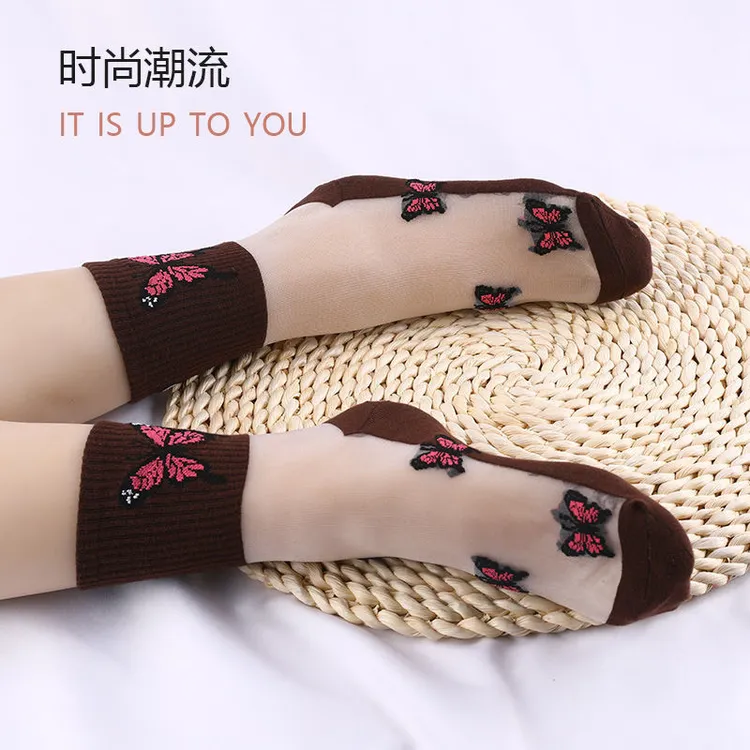 袜子女棉底水晶中筒秋冬季防滑底纯棉加厚黑色丝袜耐穿防勾丝百搭