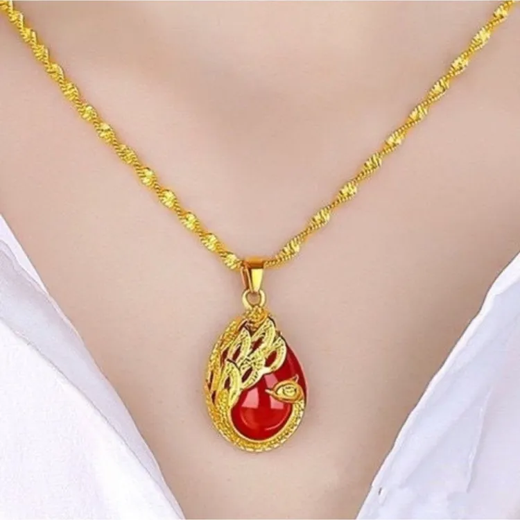 铜合金项链 镶嵌红绿镂空孔雀水滴形凤凰吊坠水波纹项链锁骨链