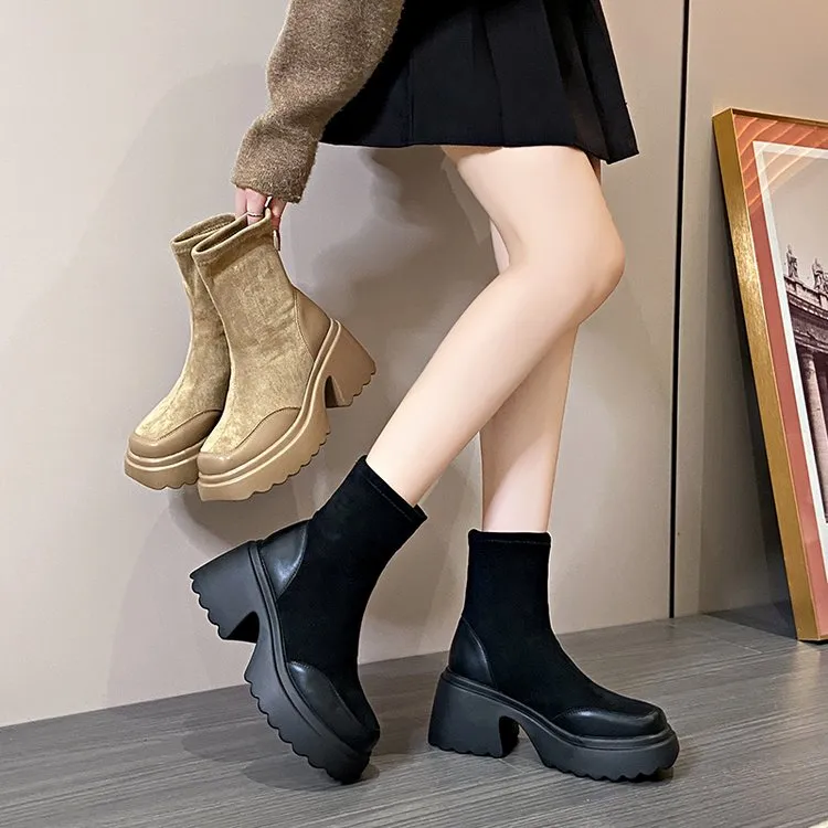 欧洲站2024秋季新款欧货厚底百搭增高短筒舒适弹力瘦瘦袜筒短靴女