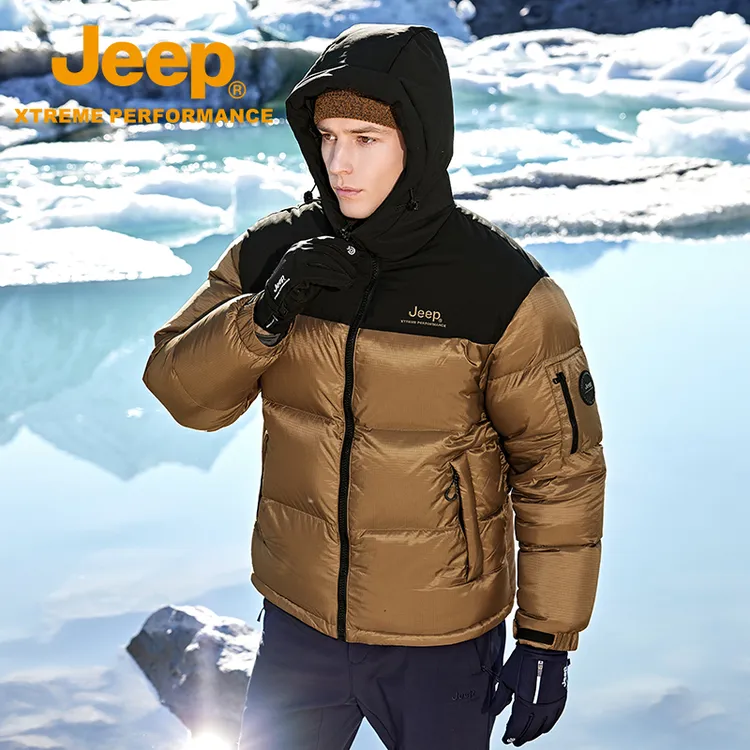 JEEP/吉普秋冬保暖羽绒服户外连帽加厚防风防水经典拼色面包服