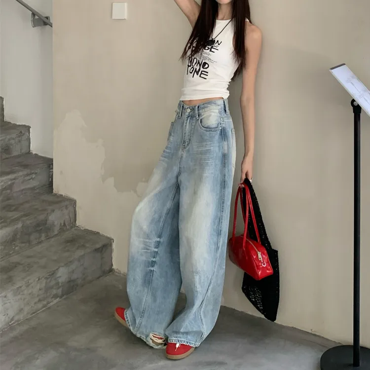 美式辣妹做旧水洗阔腿牛仔裤女2025小众高腰磨破设计浅蓝拖地裤子