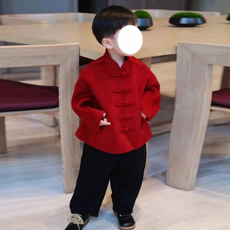 中国风童装男童冬装外套宝宝洋气时髦红色过年服儿童百搭盘扣开衫
