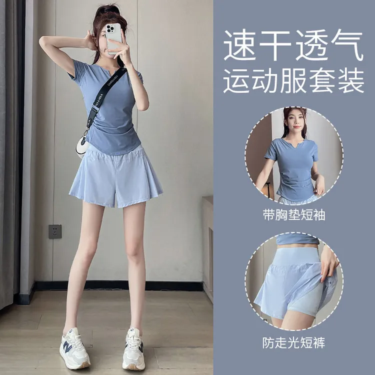 跑步运动套装女夏季薄款健身房速干衣晨跑服时尚瑜伽短裤洋气新款
