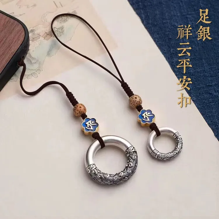 纯银质感实心生肖本命佛祥云平安扣短款精致手机链挂饰男女挂件