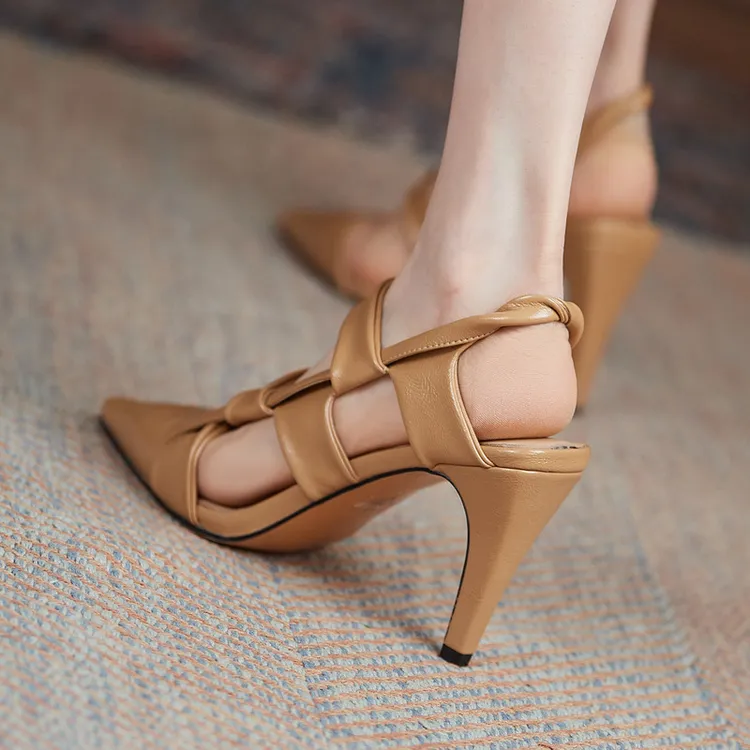 2024春夏季新款高跟鞋锥形跟白色镂空尖头后绊带牛皮凉鞋时尚女鞋