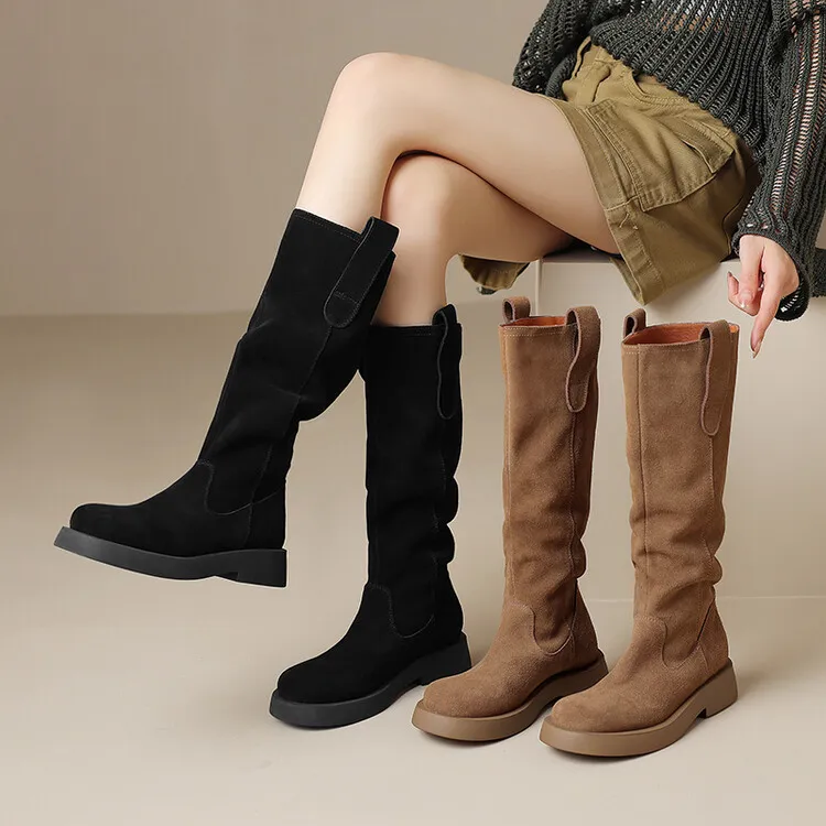 磨砂堆堆靴平底厚底高筒靴粗跟加绒英伦慵懒长筒靴女秋冬中筒女鞋