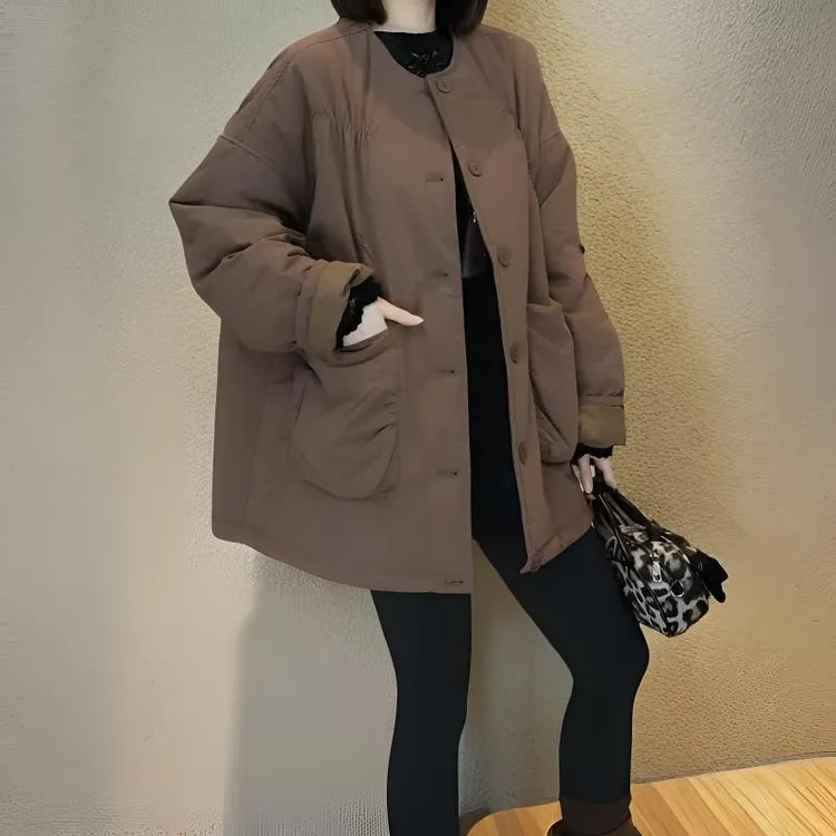 设计感气质显瘦小棉服休闲中长款棉衣外套加百搭裤子秋冬季女