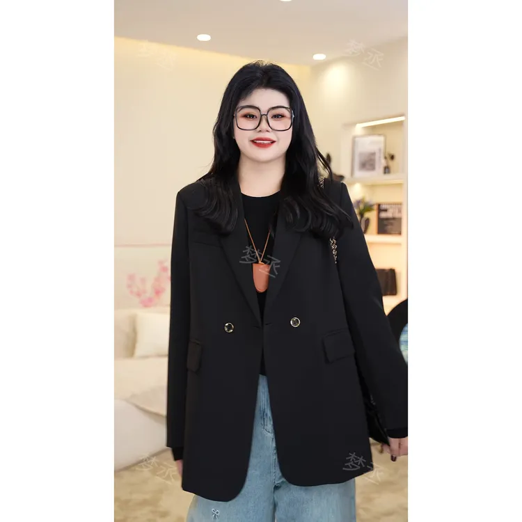 梦丞-胖mm西装外套女单排扣黑色系纯色通勤风宽松型大码西装上衣