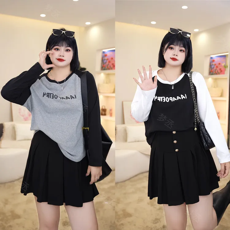 梦丞-胖mm大码女装早秋休闲百搭显瘦遮肉百搭针织长袖T恤上衣女