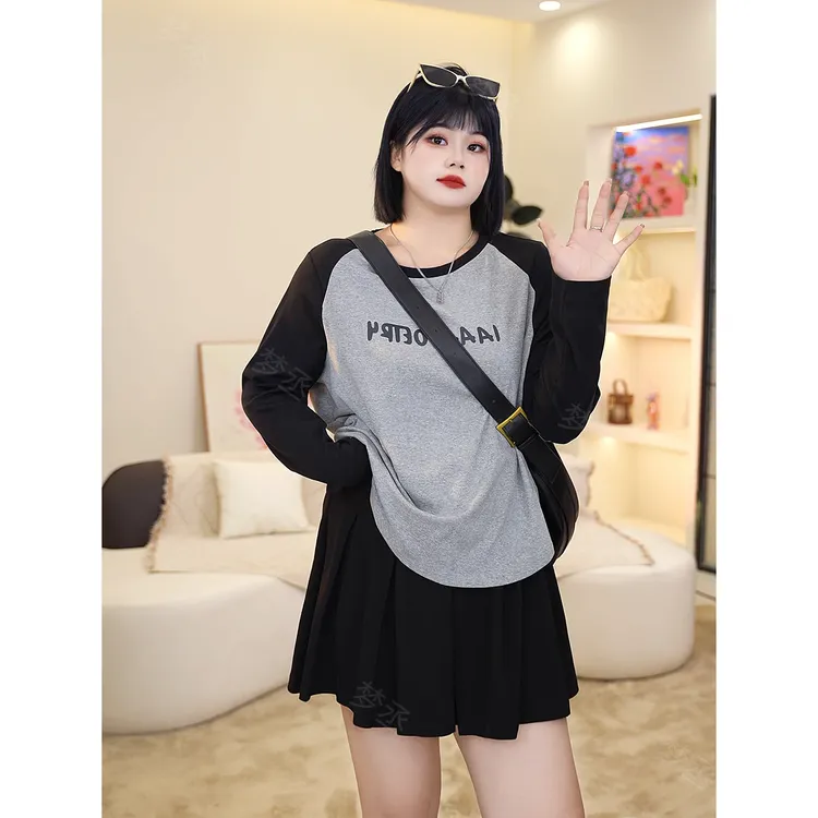 梦丞-胖mm大码女装早秋休闲百搭显瘦遮肉针织长袖宽松T恤上衣女