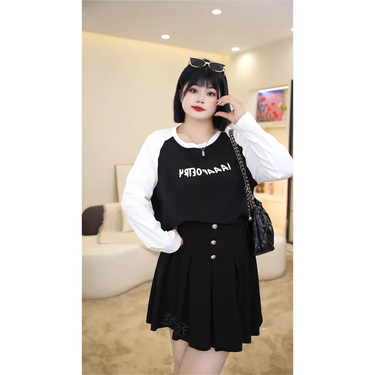 梦丞-大码女装胖mm早秋宽松休闲百搭显瘦遮肉针织长袖T恤上衣