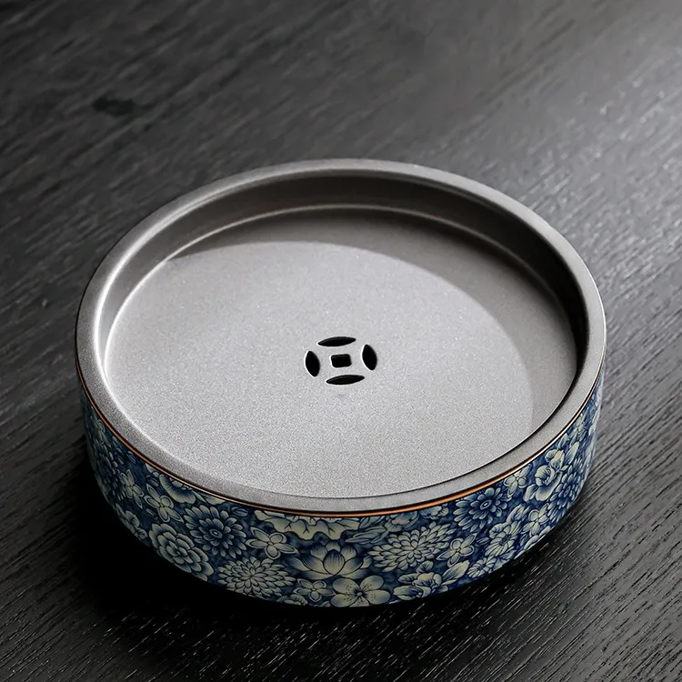 青花瓷壶承盘大号干泡台复古家用茶具配件储水茶壶承日式圆形托盘