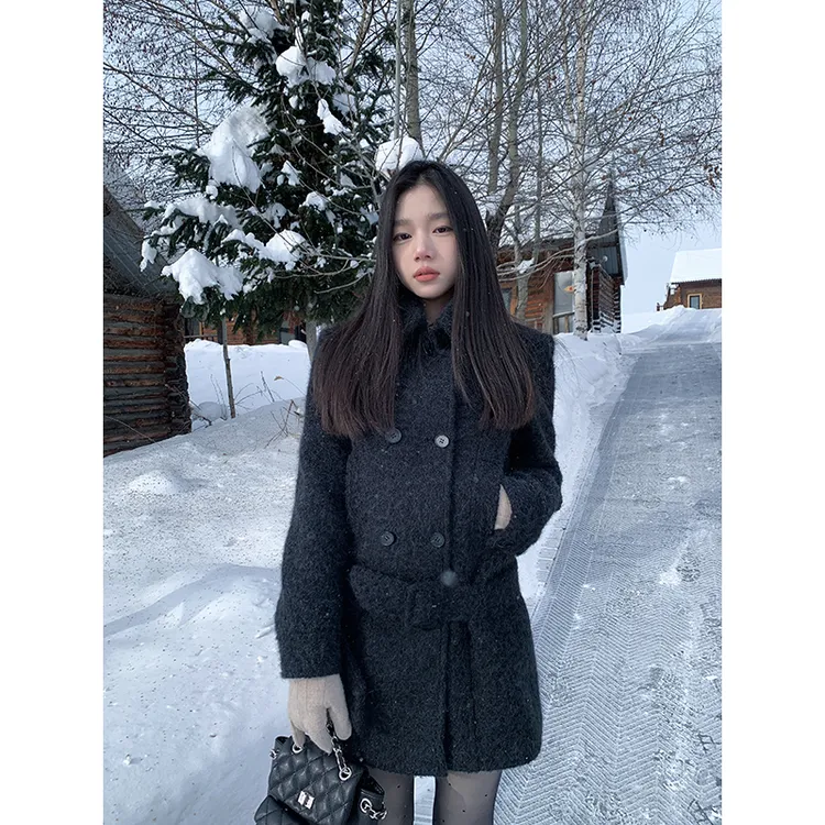 YOKALSS少女家 黑色保暖翻领单面呢外套秋冬千金风上衣N28076S44