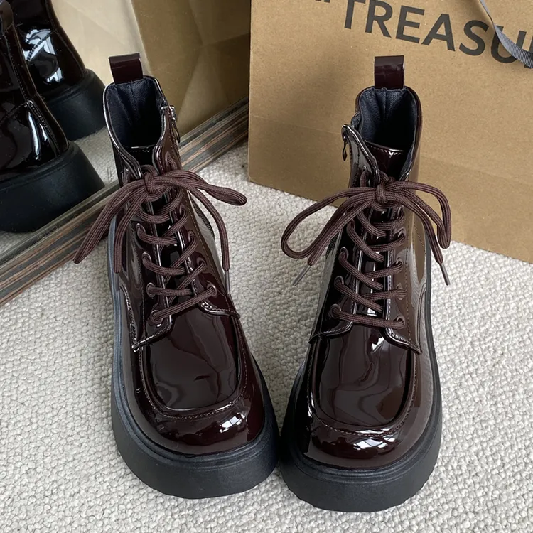 厚底马丁靴女2025春秋新款英伦风百搭复古棕色圆头机车短靴子ins