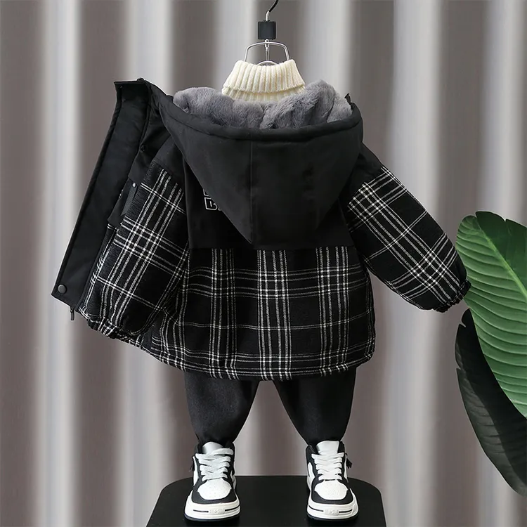 儿童格子外套2025冬季新款宝宝加绒加厚棉衣帅气男童冬款连帽棉袄