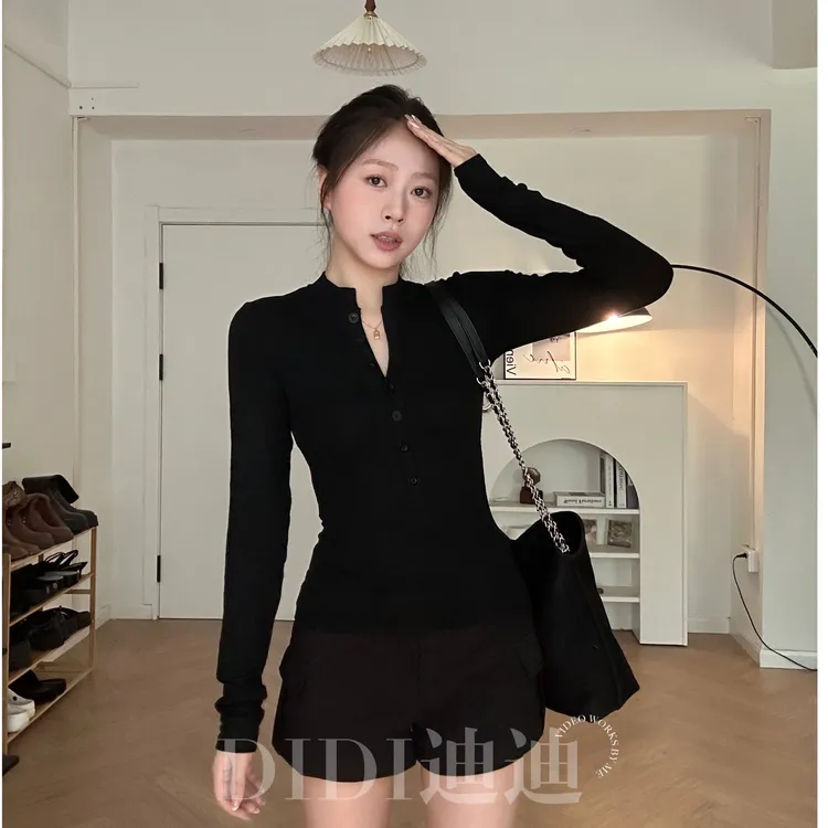 【DIDI】纸片人堆堆袖设计修身显瘦外穿打底衫纽扣T恤上衣