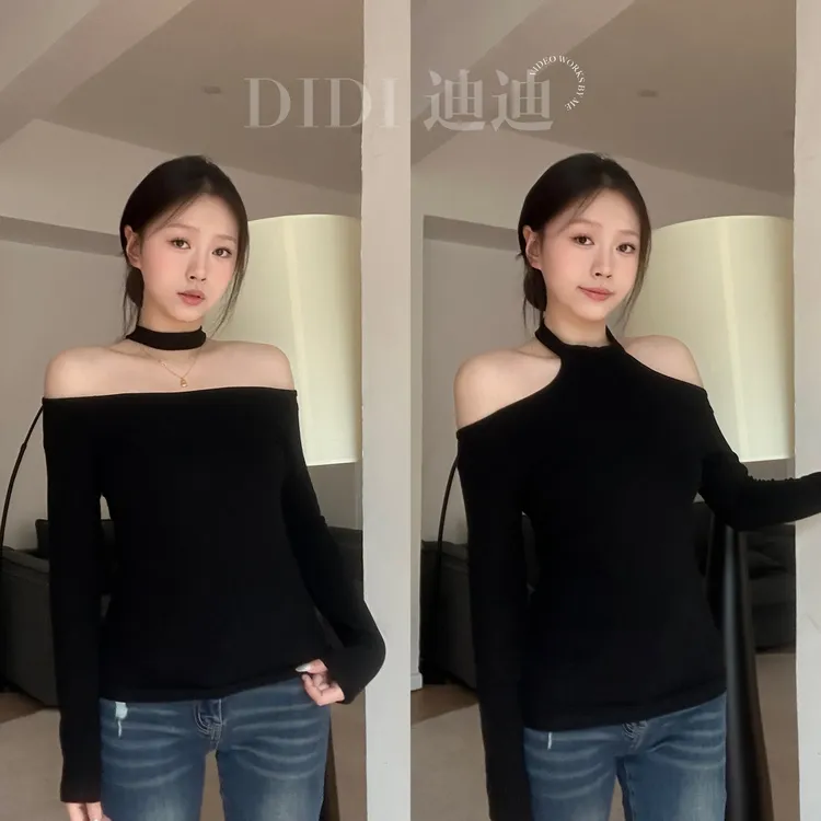 【迪迪】进店必买！正反两穿 一字肩辣妹修身显瘦短款长袖特别致上衣