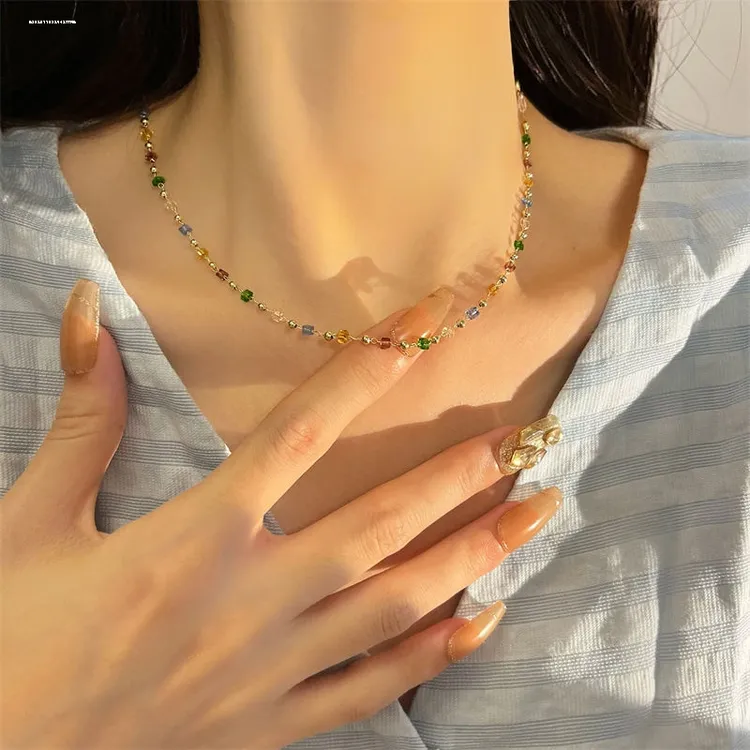 铜合金项链 夏季彩色水晶项链轻奢小众串珠锁骨链网红高级感颈链