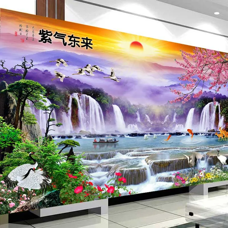 自粘年画客厅沙发背景装饰贴画电视墙墙贴新中式紫气东来防水壁画