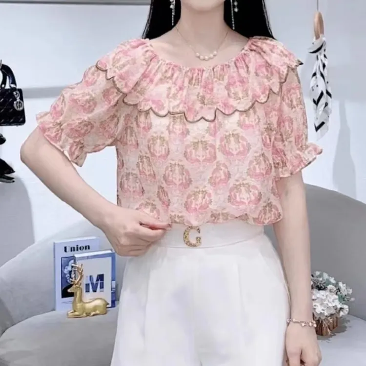 2024夏季新款法式碎花雪纺衫女设计感洋气减龄一字领荷叶边上衣