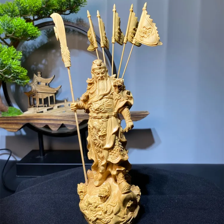 原木小叶黄杨木五旗关公关二爷武财神关羽精雕摆件招财家居装饰品