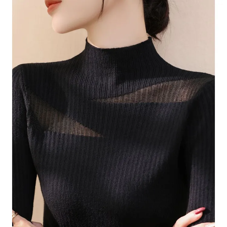 【专柜大码】2024秋冬新款套头毛衣半高领长袖镂空针织打底衫上衣女