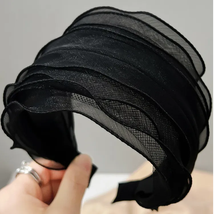 黑色宽边发箍女网红新欧根纱发卡加宽遮盖白发带齿防滑头箍头饰