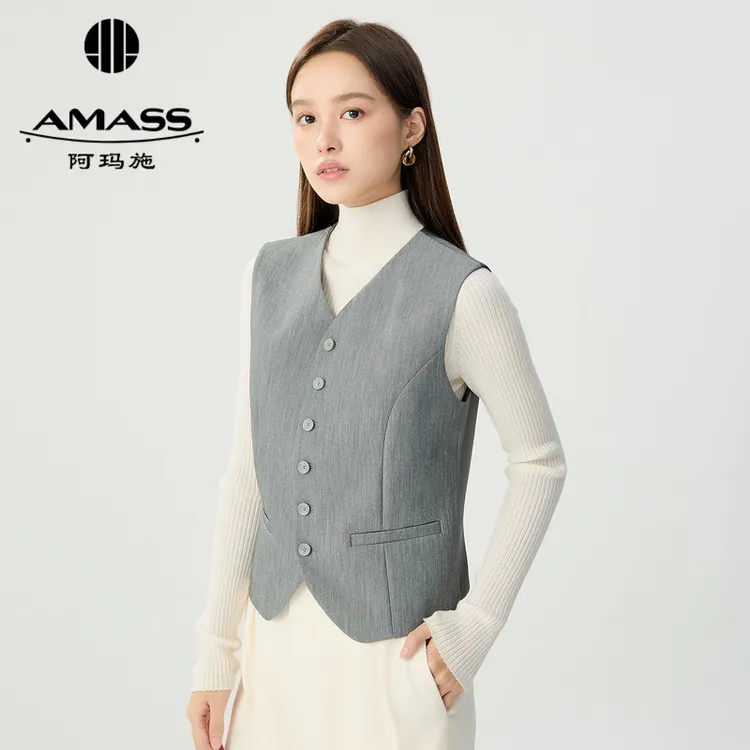 阿玛施AMASS新款轻职场百搭纯色西装小马甲短款马夹女士5400871
