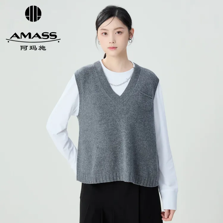 阿玛施AMASS绵羊毛山羊绒学院风百搭口袋无袖针织马甲背心5399256