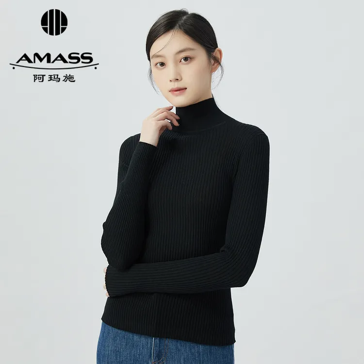 阿玛施AMASS老钱风细腻绵羊毛素色坑条烟管领长袖女针织衫5399640