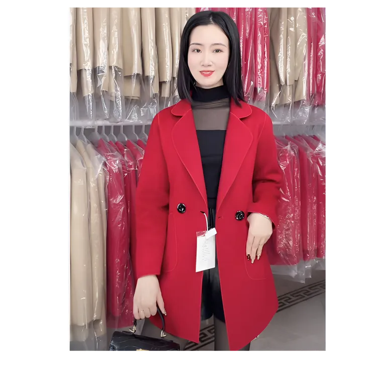 A888时尚新款经典女士西服领纯色双面呢大衣女装百搭中款外套气质