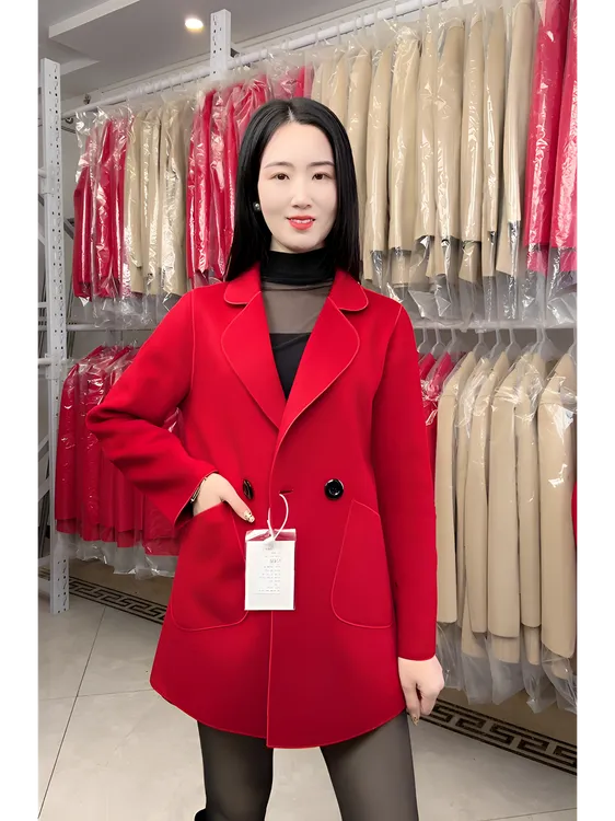 A888新款时尚经典女士西服领纯色双面呢大衣女装百搭中款洋气外套