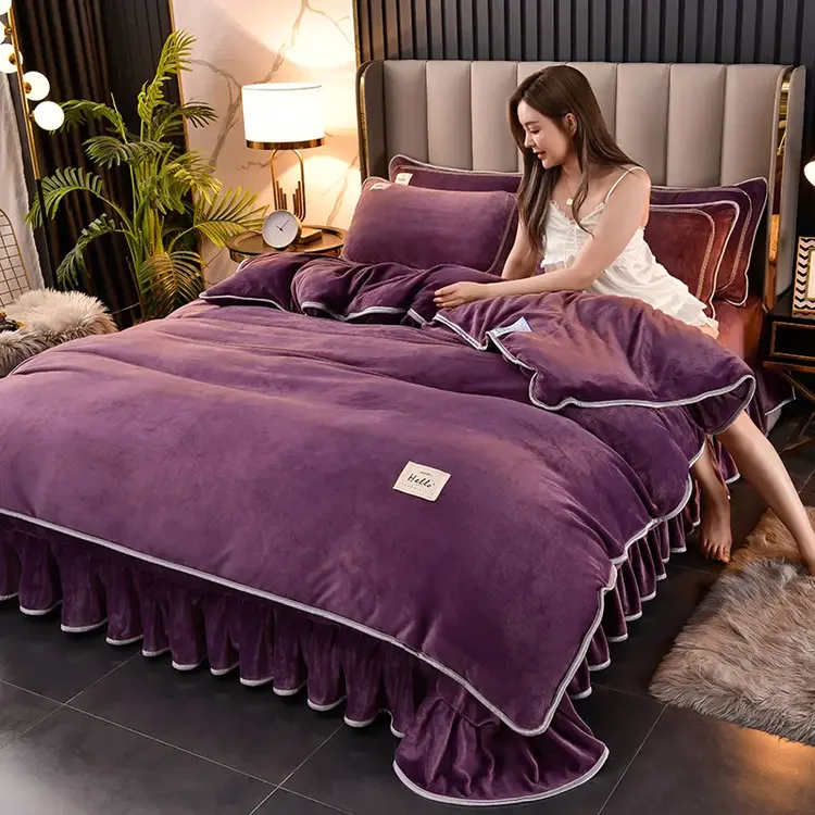 8-9斤加绒加厚床裙款牛奶绒四件套防静电被套亲肤柔软床单四件套