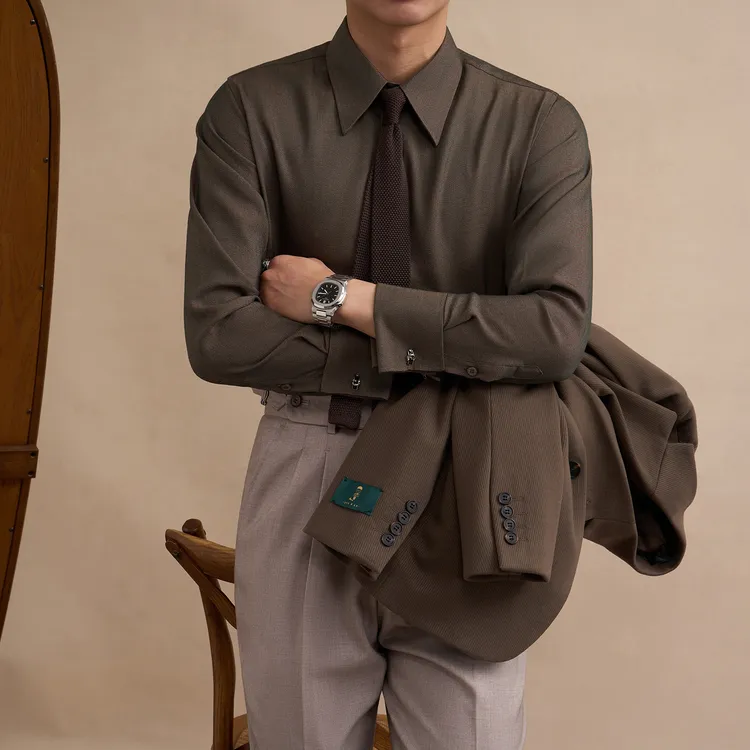 派尔尼那白色衬衫男士复古正装抗皱棕色衬衣休闲上衣意式黑色西装