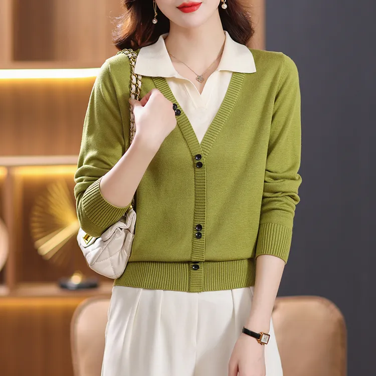 2023春秋款翻领洋气假两件上衣女针织打底衫时尚百搭Polo领假开衫