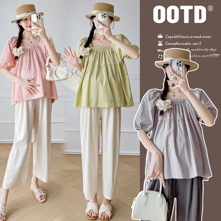 2024孕妈夏季正肩短袖法式设计泡泡袖方领上衣网红洋气时尚外穿