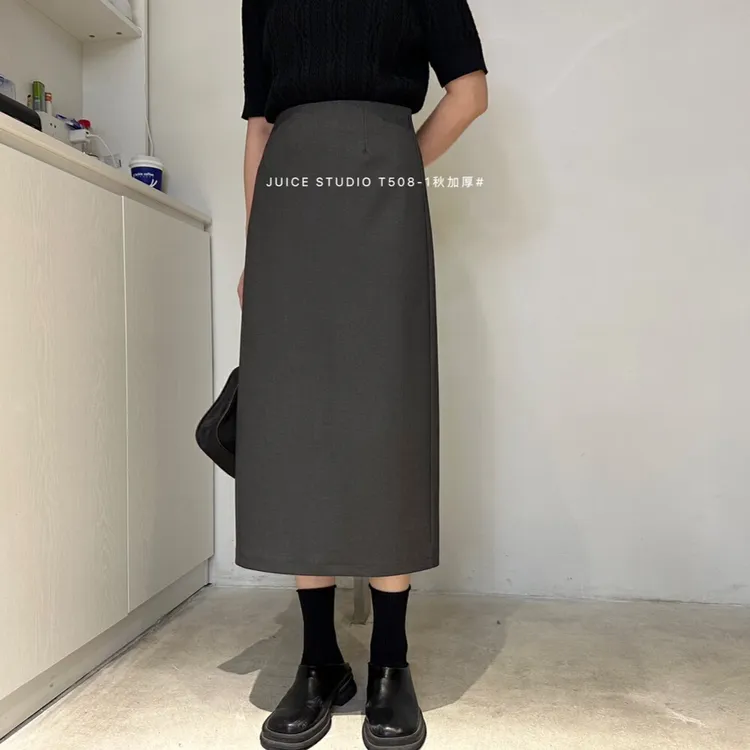 2023秋季新款高腰开叉加厚西装半身裙女中长款直筒裙子显瘦通勤