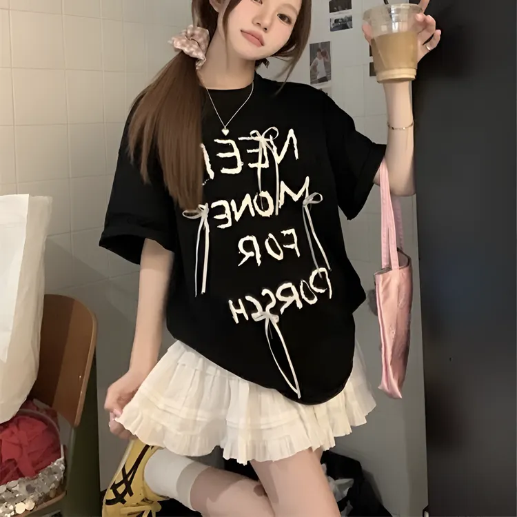 韩系黑色蝴蝶结字母印花可爱短袖T恤女夏新款高级感宽松显瘦上衣