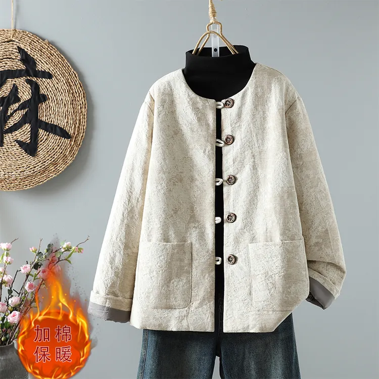 冬季新款新中式亚麻提花宽松显瘦加厚棉服女短款时尚百搭保暖外套