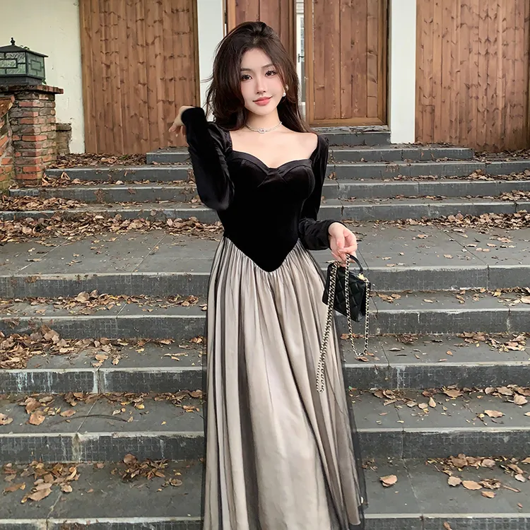 【雾散心动】法式赫本风拼接撞色连衣裙女秋季新款气质修身显瘦长裙