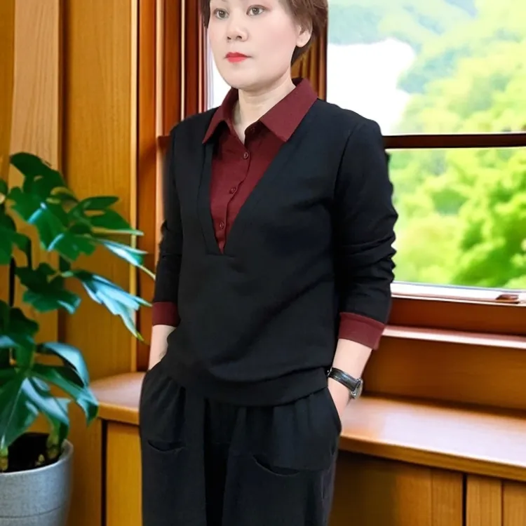 春季百搭假两件时尚奥绒棉休闲大码长袖女士卫衣