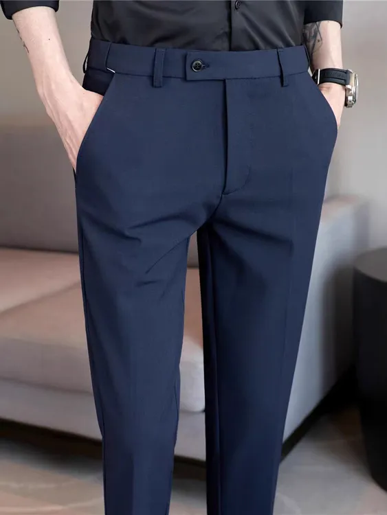 四季男士休闲裤隐形松紧腰休闲弹力九分西裤修身小脚垂感商务男裤