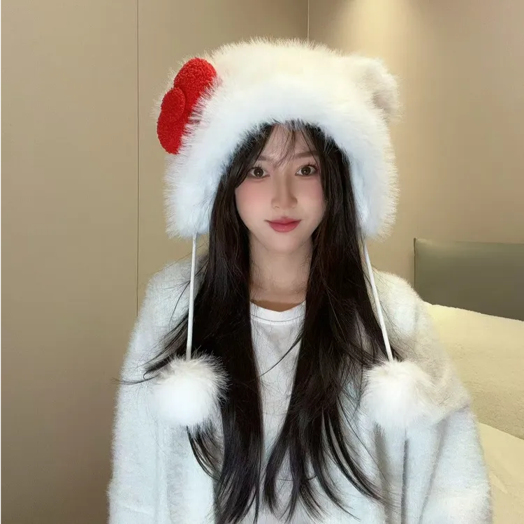 大头围蝴蝶结护耳雷锋帽显脸小加厚保暖系带甜美可爱毛绒包头帽女