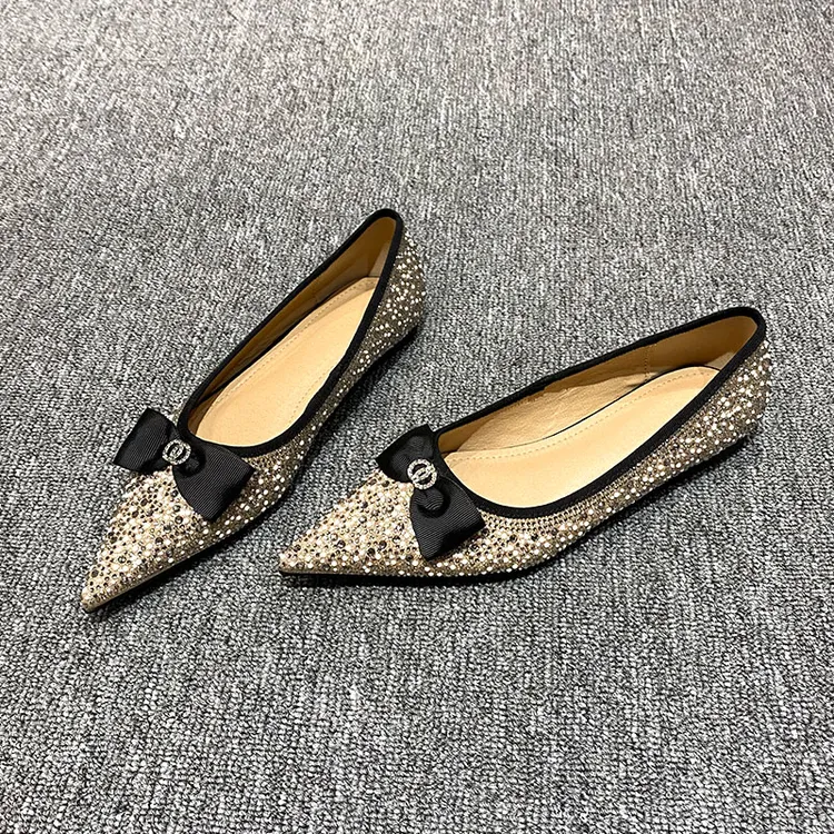 欧洲站女鞋2023秋季新款尖头平底蝴蝶结仙女鞋水钻珍珠浅口单鞋潮
